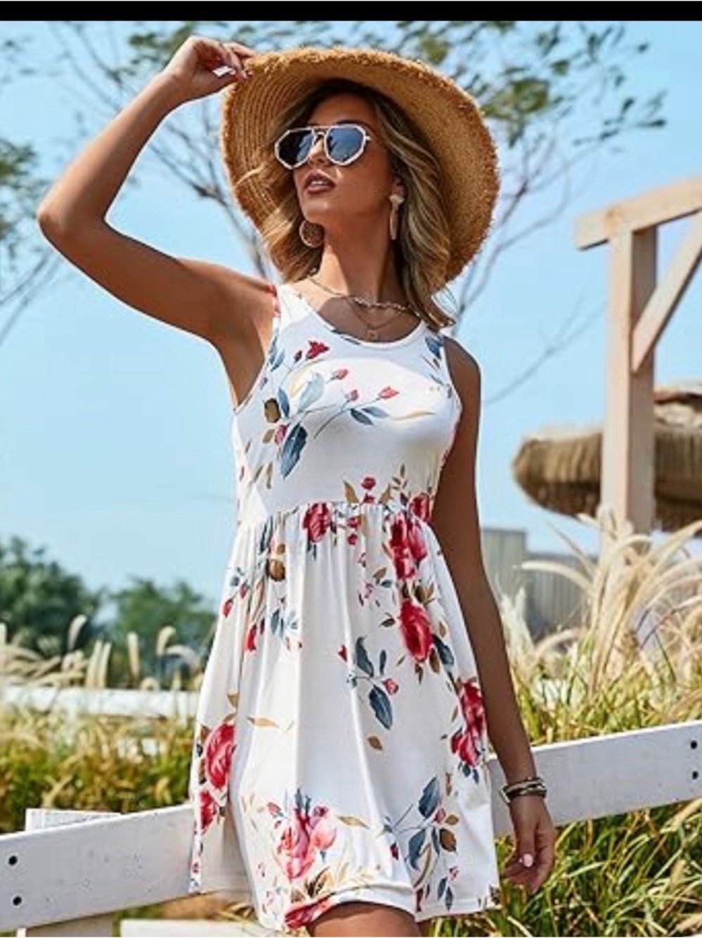 Longyuan XL Women's White Floral Sundress - Sleeveless Casual Summer Dress